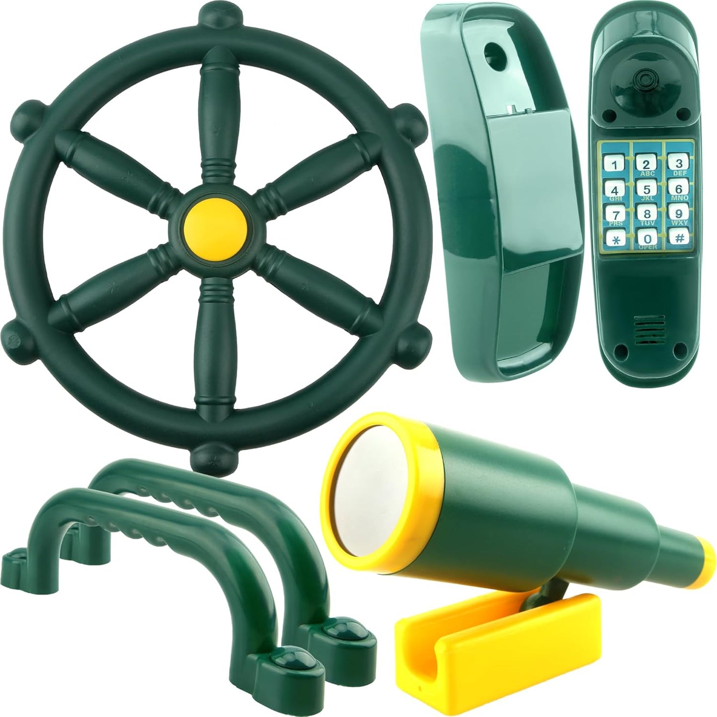 5 Pcs Kids Playground Accessories for Kids Outdoor Plastic Steering Wheel Swingset Phone Pirate Telescope Telephone Safety Handle for Child Backyard Tree House Playhouse Jungle Gym (Yellow Set 1)