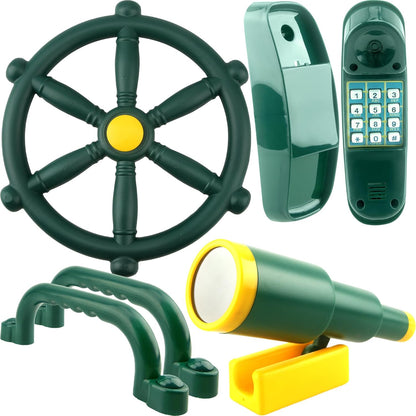 5 Pcs Kids Playground Accessories for Kids Outdoor Plastic Steering Wheel Swingset Phone Pirate Telescope Telephone Safety Handle for Child Backyard Tree House Playhouse Jungle Gym (Yellow Set 1)