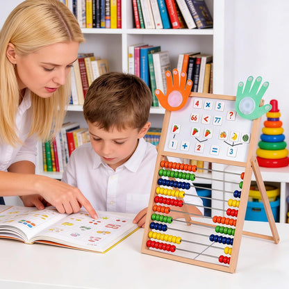 Wooden Abacus for Kids Math - Double-Sided Black/Whiteboard for Toddlers with 152 Magnetic Number & Fruit Cards, 100 Counting Sticks and Number Blocks Finger Counting Toys Homeschool Essentials