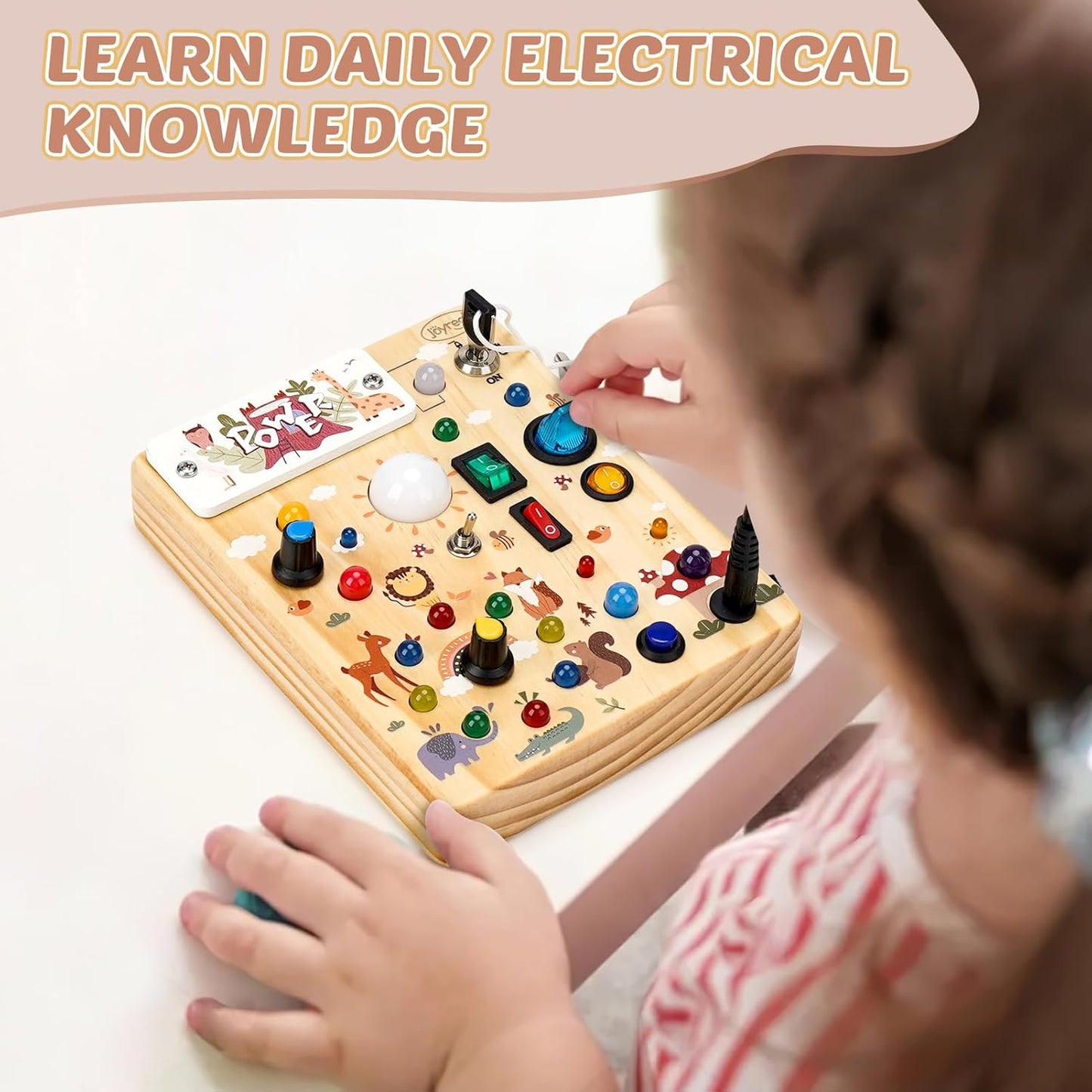 Joyreal Wooden Busy Board with LED Light, Montessori Toddler Toys, Wooden Sensory Board, Toddlers Activity Travel Toys for Boy & Girl Birthday Gift (Farm Theme)