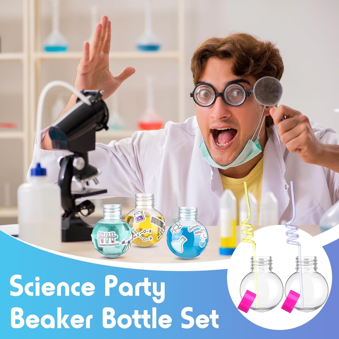 Jingmore 36 Pcs Science Party Theme Cups Set with Silly Loop Straws Science Stickers Plastic Reusable Small Conical Flask Bottles Test Tubes for Birthday Party Decorations(Spherical Bottles)