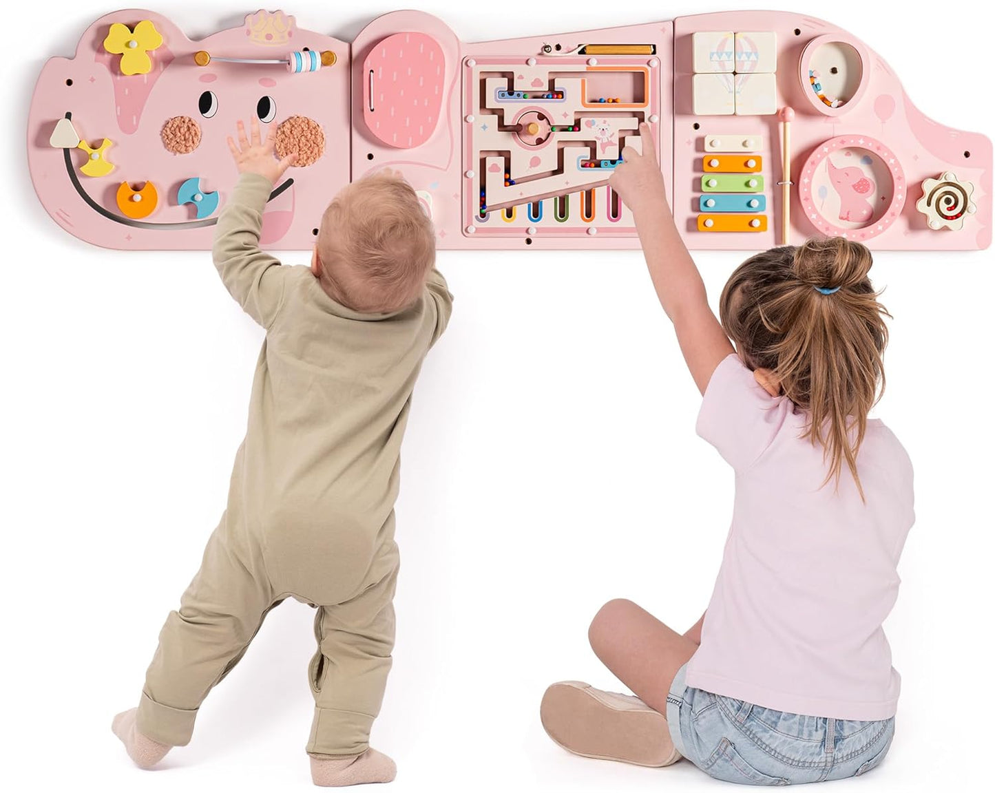 ROBUD Elephant Montessori Busy Board, 12-in-1 Activity Wall Busy Board, Montessori Sensory Wall Panel for Boys & Girls, Toddler Learning Activity Center for Playroom, Nursery, Pink