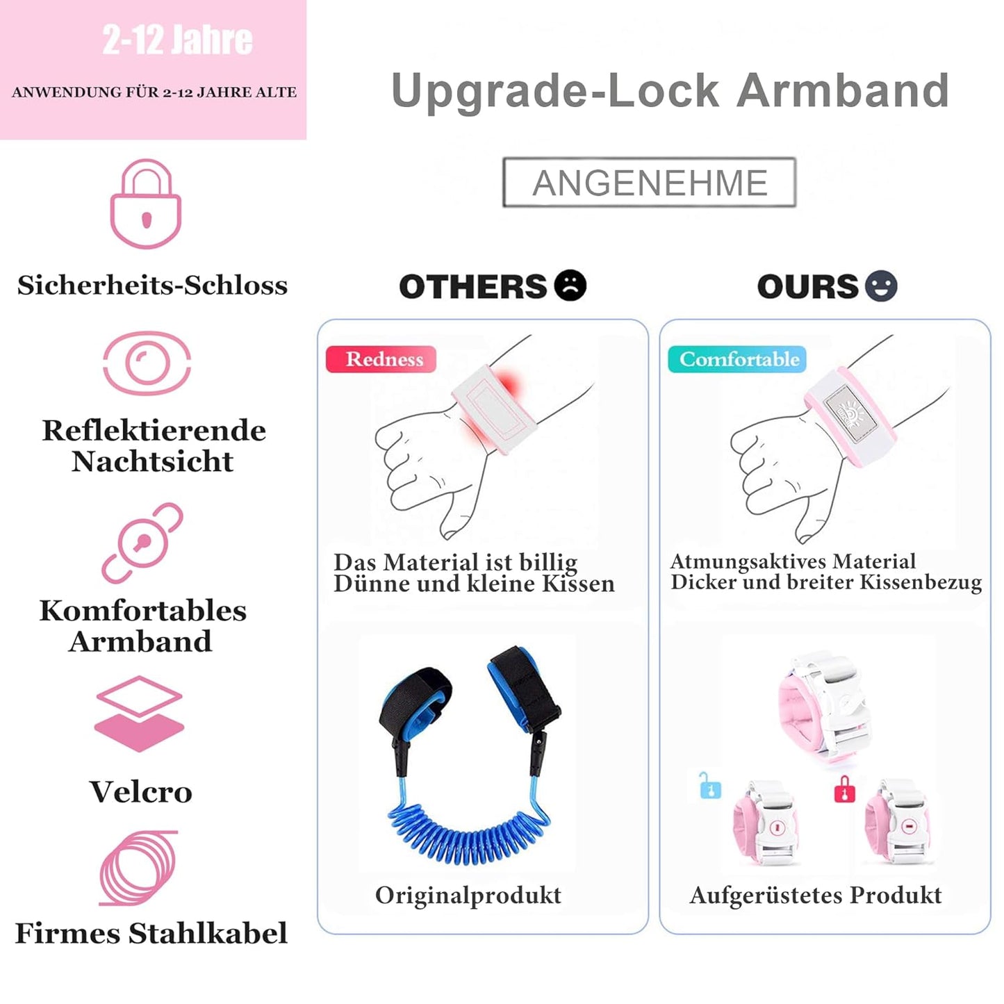 Toddler Harness Walking Leash- Child Anti Lost Wrist Link - Child Safety Harness - Upgrade with Reflective(6.5ft) - for Boys and Girls,Not Easy to Open Without Key (Light Pink)