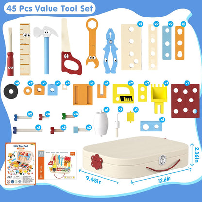 MindPal 45 Pcs Kids Tool Set, Toddler Tool Set with Tool Box, STEM Construction Preschool Educational Toys for Age 3 4 5 6 7 Boys Girls, Wooden Tool Kits Toys, Christmas Birthday Present for Kids