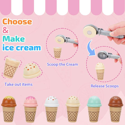 ZJEFUNS Wooden Ice Cream Toys for Kids Ice Cream Counter Shop for Toddlers Pretend Play Food Scoop and Serve with Scoop & Menu & Fake Money for Boys and Girls Ages 3 4 5 6 (Beige)