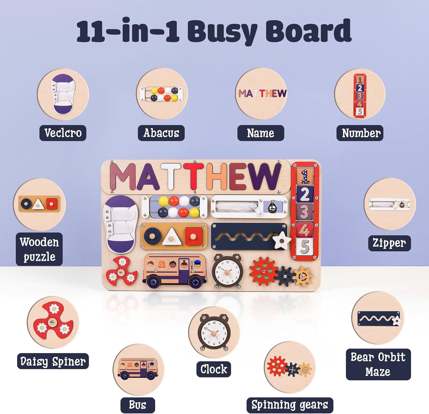 Montessori Busy Board with Personalized Name Puzzle, Wooden Sensory Activity Toy for Toddlers 1-3, First Birthday Gift