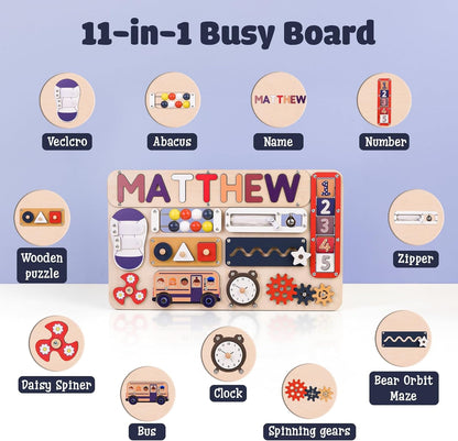 Montessori Busy Board with Personalized Name Puzzle, Wooden Sensory Activity Toy for Toddlers 1-3, First Birthday Gift