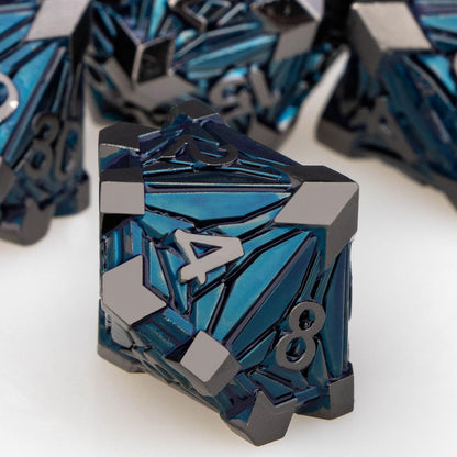 7PCS Metal DND Dice Set with Box, Debris RPG Blue White D and D Dice for D&D Tabletop Games Role Playing Game Polyhedral Dice Set D20 D12 D10 D8 D6 D4