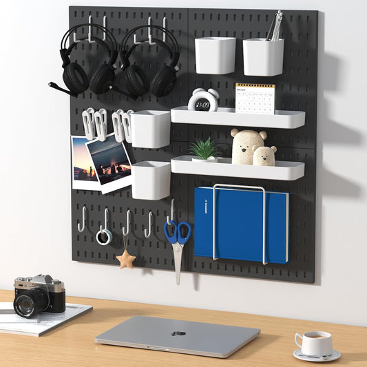 Peg Board Combination Kit, 4 Pegboards with 20 Accessories, Pegboard Wall Organizer for Office, Nursery & Home Storage, Key Holder, 25.6"x25.6" – Nail-Free Installation（White）