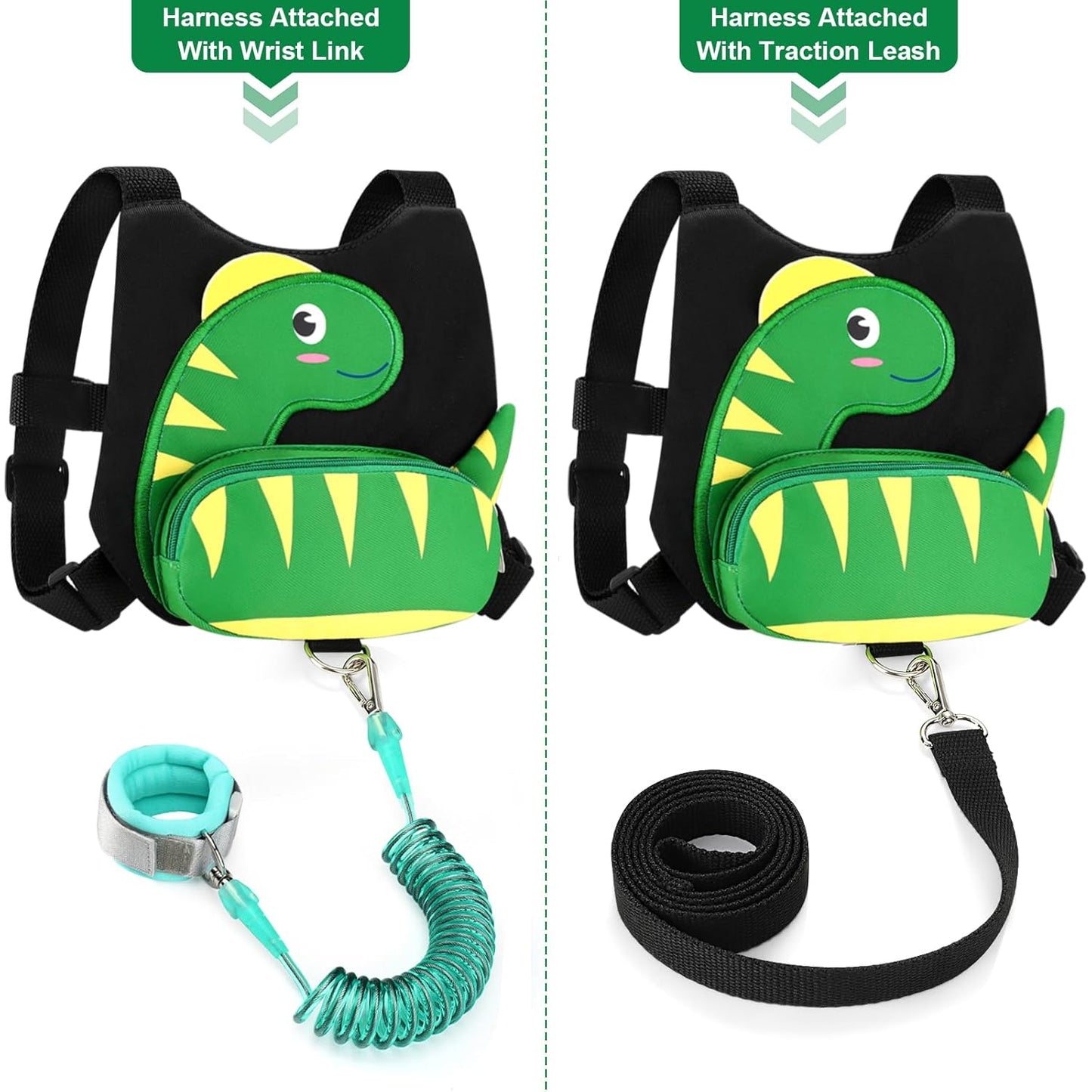 3 in 1 Toddler Harness Leash + Baby Anti Lost Wrist Link, Accmor Cute Dinosaur Child Safety Harness Tether, Kids Walking Wristband Assistant Strap Belt for Parent Boys Outdoor Activity (Black)