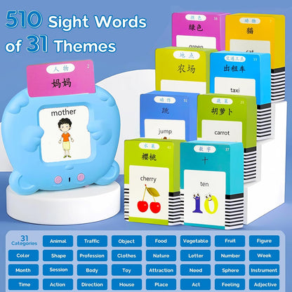 English Flash Cards Bilingual - Japanese Talking Flash Cards for Kids, Pocket Speech for Toddlers 3-12, 510 Sight Words of 31 Varieties, Sensory Toys Children with Autism (Japanese, Blue)