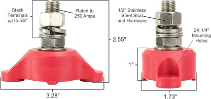 Fastronix 3/16" (#10-32) Stainless Steel Single Stud Power and Ground Junction Block Red and Black