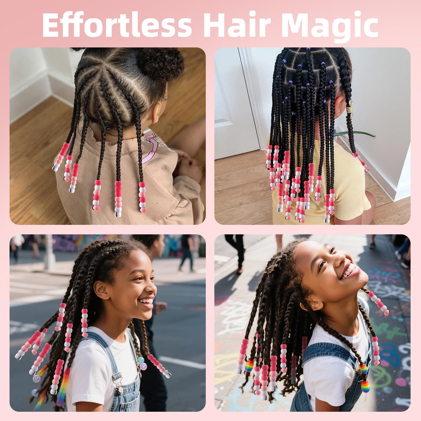 150Pcs 10mm Small Silicone Beads for Hair Braids, Soft Jellyish Pony Hair Beads with 5mm Hole + 50 Rubber Bands and 1 Beader for Braiding, DIY Bracelets Necklaces Crafts (Pink)