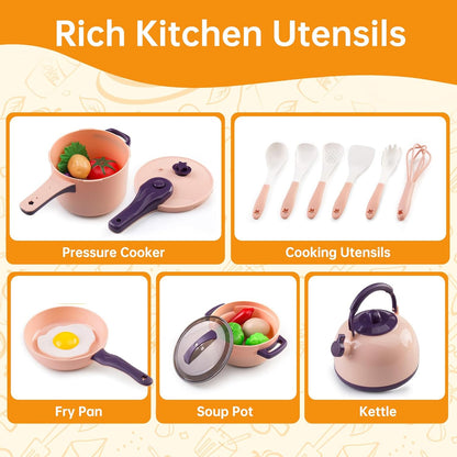 60Pcs Kids Mini Play Kitchen Accessories, Pretend Cooking Play Set with Cookware, Tableware & Fruit & BBQ Sets, Learning Gift for Boys, Girls, Toddlers,Yellow