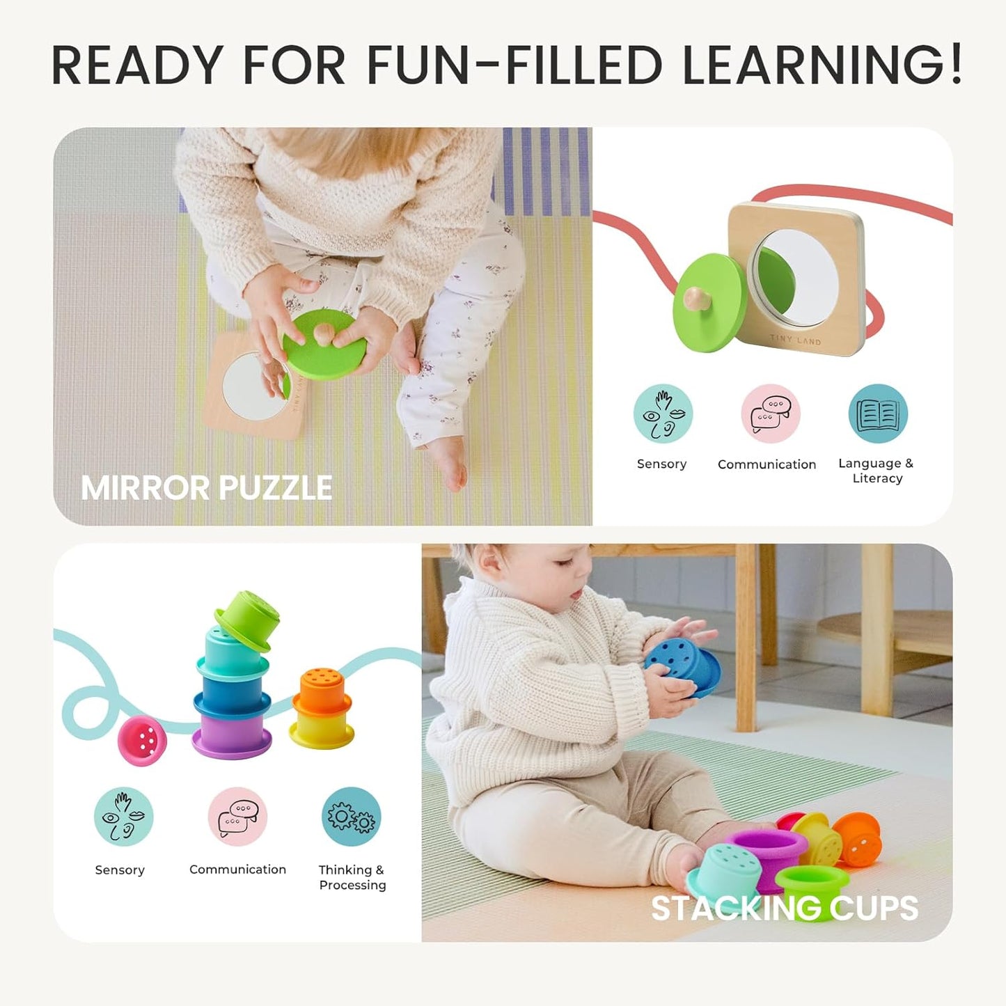 Tiny Land Montessori Baby Toy Set 0-3 Months Newborn Development Sensory Play Kit - 5-in-1 Mirror, Black & White Card Set, Rolling Bell, Play Mat, and Bed Wrap