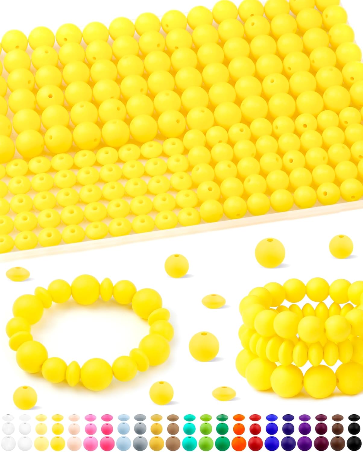 200Pcs FIVEIZERO Mixed Silicone Beads for Keychain Making, 12mm 15mm Round and 12mm Lentil Silicone Beads for Pens Bracelet Necklace DIY Crafts(Black)