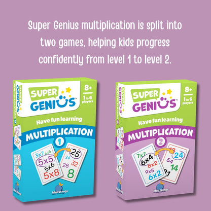 Blue Orange Super Genius Multiplication 2 - Tabletop Card Game, Fun Flash Card Concentration Matching Game for Kids, Ages 8+, 1-6 Players, Teacher Approved, Learn 6-9 Multiplication Tables Games
