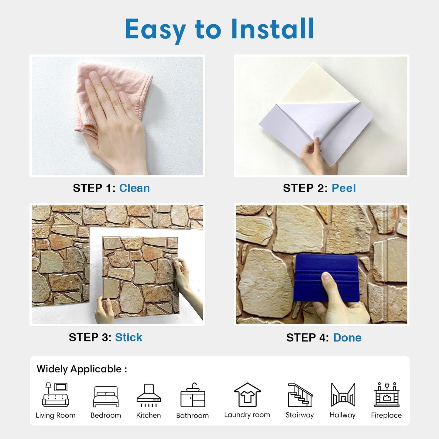 COMSTICKC 3D Faux Gray Stone Wall Sticker Peel and Stick Wall Panels,10 Pcs of 12"X12",Ultra-Light Thin PVC Decorative Tiles Rocks Stone Backsplash Interior Decor,Paintable