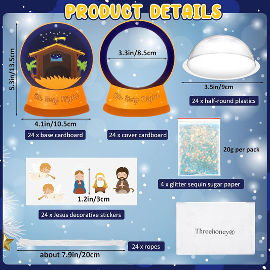 Threehoney 24 Pack Easter Nativity Craft Kit for Kids Toddler Jesus Birth Advent DIY Snow Globe Hanging Ornament with Glitter Sequin Paper Religious Holiday Classroom Decor(Joy,Silver)