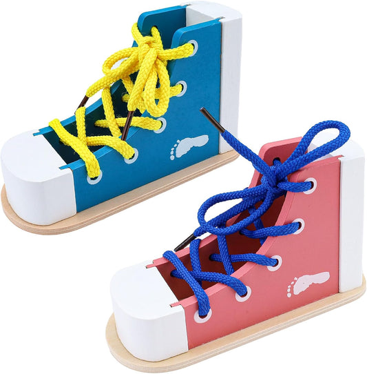 2 Pack Wooden Shoe Tying Practice Kit with Blue and Pink Laces, Instructional Lacing Technique Aid for Fine Motor Skills Development (Blue,Pink)