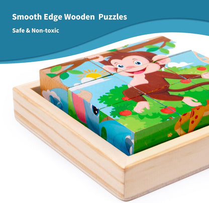 Wooden Dinosaur Block Puzzles for Kids Ages 3-5 with Baby Book, Jigsaw Puzzles Preschool Educational Interactive Toys Gift for Boys Girls, Wood Dino Cube Puzzles for Toddlers 2 3 4 5 6 Years Old