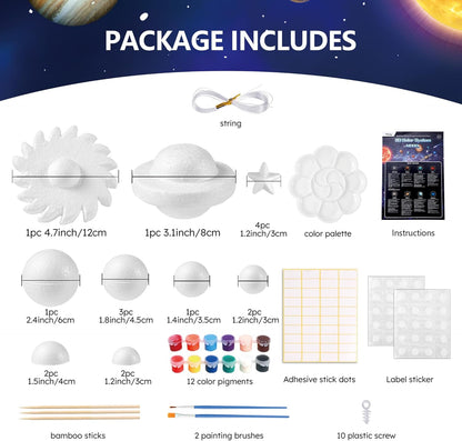 Pllieay 3D Solar System Model, Solar System Project Kit Includes Display Box, Mixed Sized Foam Balls, Color Pigments, Palette, Painting Brushes, Bamboo Sticks for Kids School Science Projects