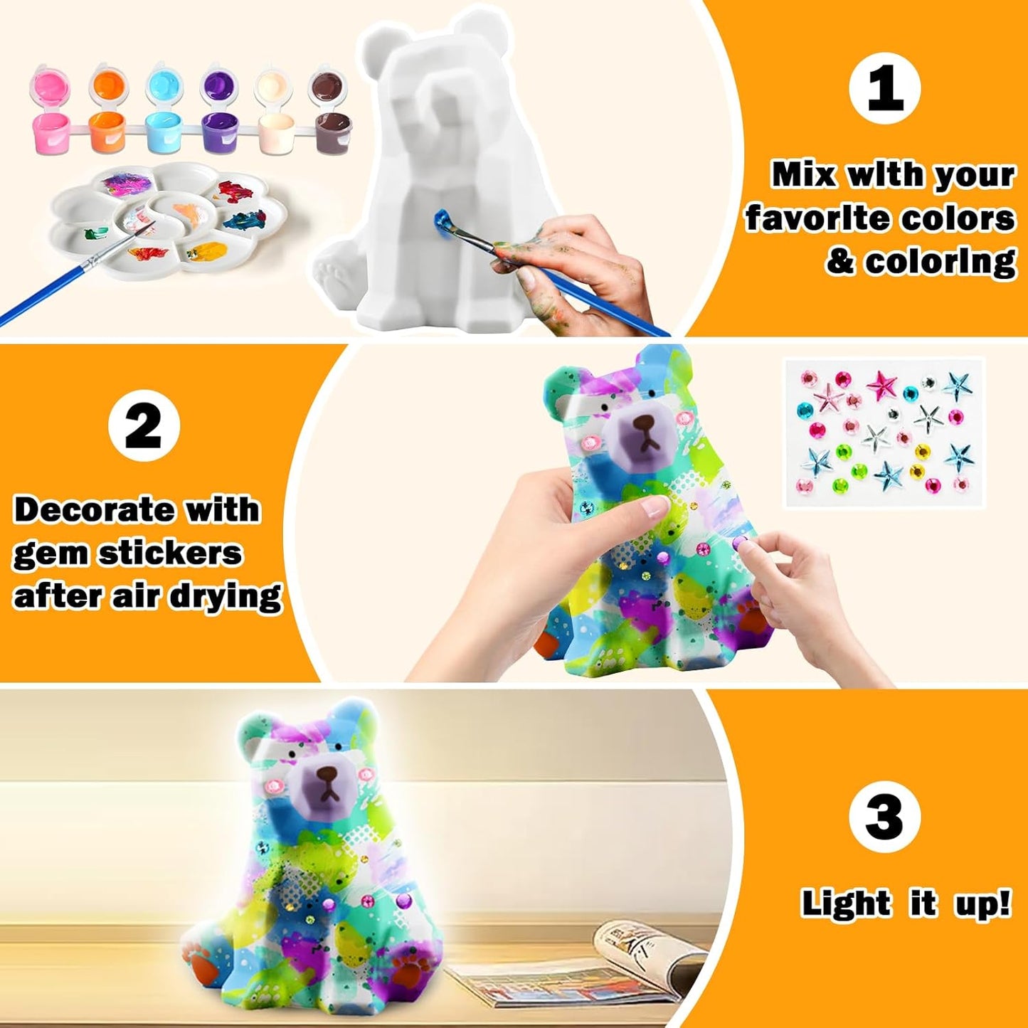 FUNZBO 4.3in Paint Your Own Dinosaur Lamp Kit - Arts and Crafts Supplies Painting for Kids Teens, DIY Night Light Dinosaur Toy for Boy Girl 3 4 5 6 7 8 9 10 11 12 Birthday Gift