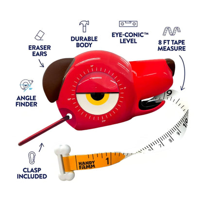 Handy Famm Roscoe the Dog 4-in-1 Kids Tape Measure with Adjustable Level Eye, Angle Finder & Eraser Ears – Montessori STEM Educational Toy for Children Ages 3+, Real Measuring Tool for Learning