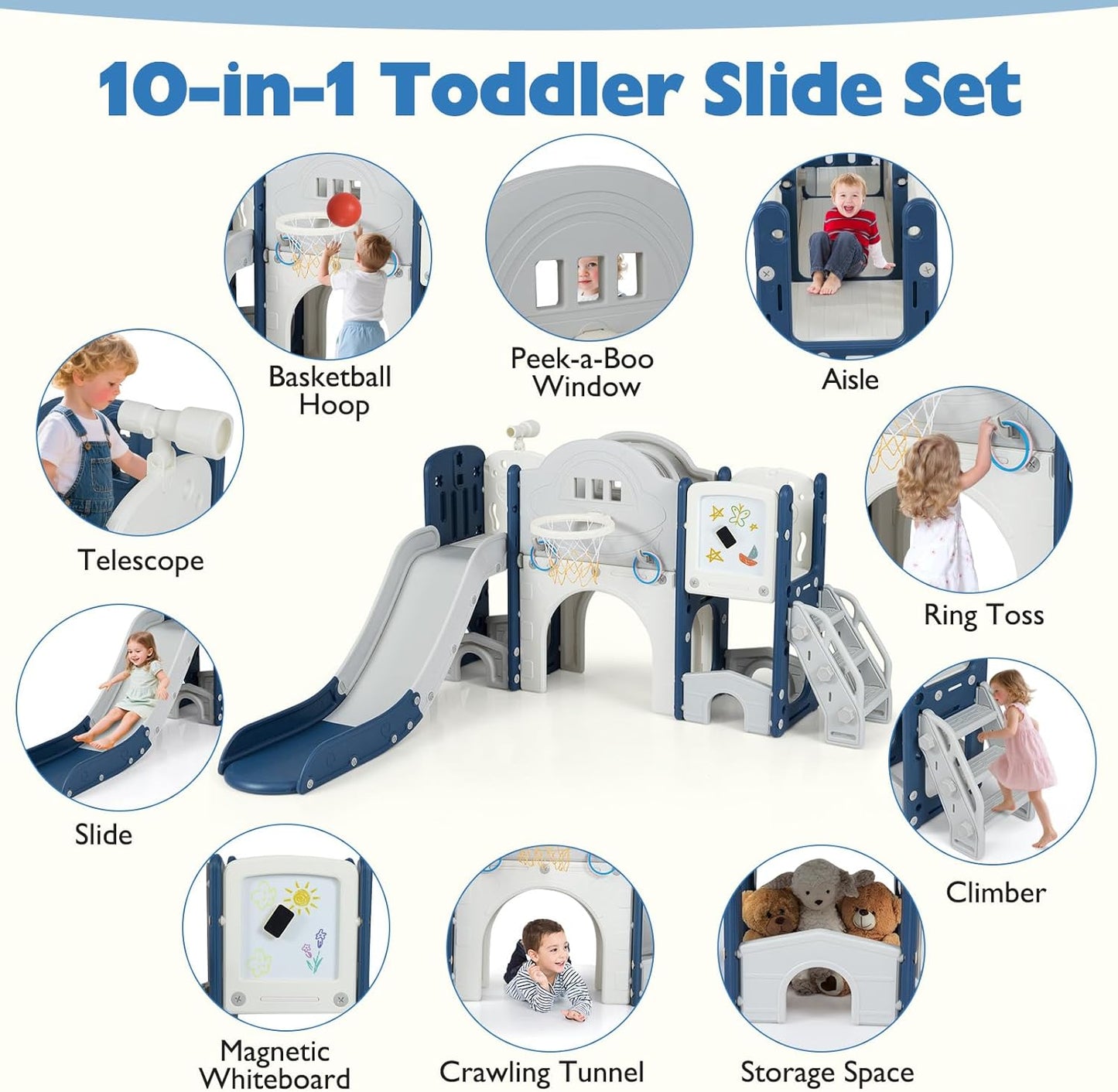 Costzon 10 in 1 Toddler Slide Set, Kids Slide and Climber Playset with Magnetic Whiteboard, Ring Toss, Basketball Hoop, Crawling Tunnel, Long Aisle & Storage, Indoor Playground for Ages 3+ (Blue)