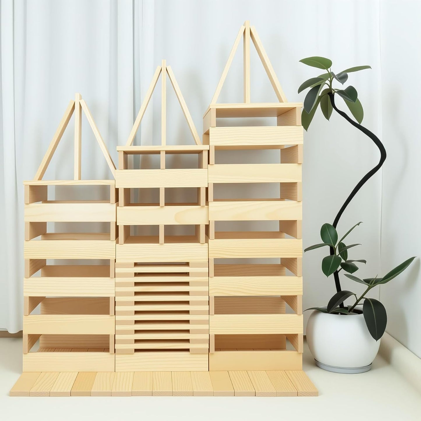 Premium 300 Pcs Natural Wooden Building Blocks for Kids Ages 3-12,Pine STEM Construction Toy - Open-Ended Classic Building Blocks Set for Castles, Bridges & Towers, Educational Learning Gift (4.7 in)