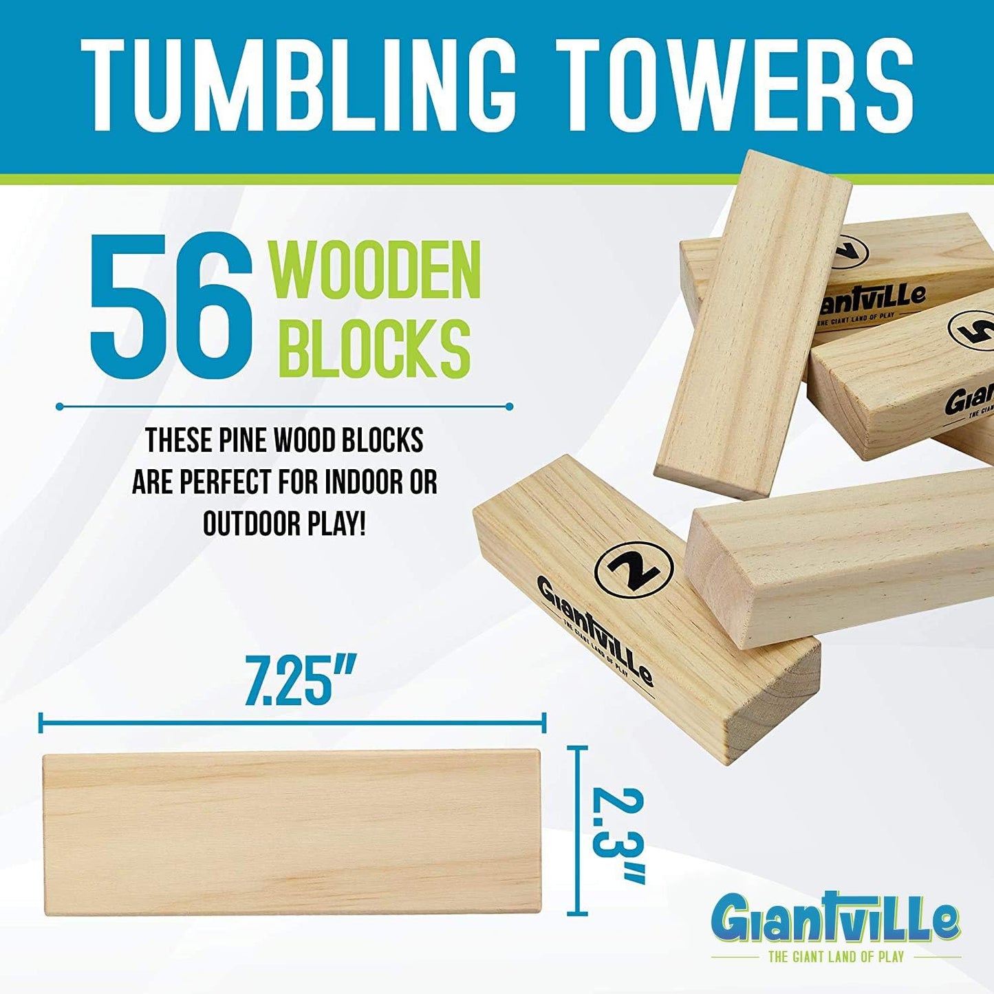 Giantville Giant Tumbling Timber Toy - STEAM-Credited Premium Pine Wood Blocks Tower - Indoor/Outdoor Yard Game for Kids & Adults - 56 Pieces + Carry Bag - Grows to Over 4 Feet