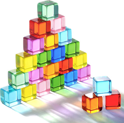 Woodtoe Wooden Building Blocks Set for Kids, 36 PCS Rainbow Acrylic Gem Blocks - 3 Wood House, Montessori Stacking Toy for Toddlers, Educational STEM Birthday Creative Toy Gift for Boys Girls 3-6