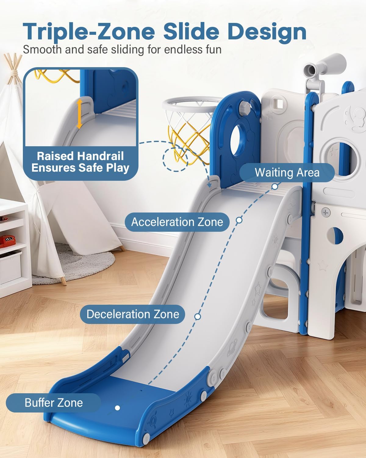 Babytronic Toddler Slide, 8 in 1 Kids Slide with Basketball Hoop, Telescope and Climber, Baby Slide Toddler Playground, Indoor Outdoor Playset for Toddlers Age 1-3, Kids Indoor Playground (White&Gray)