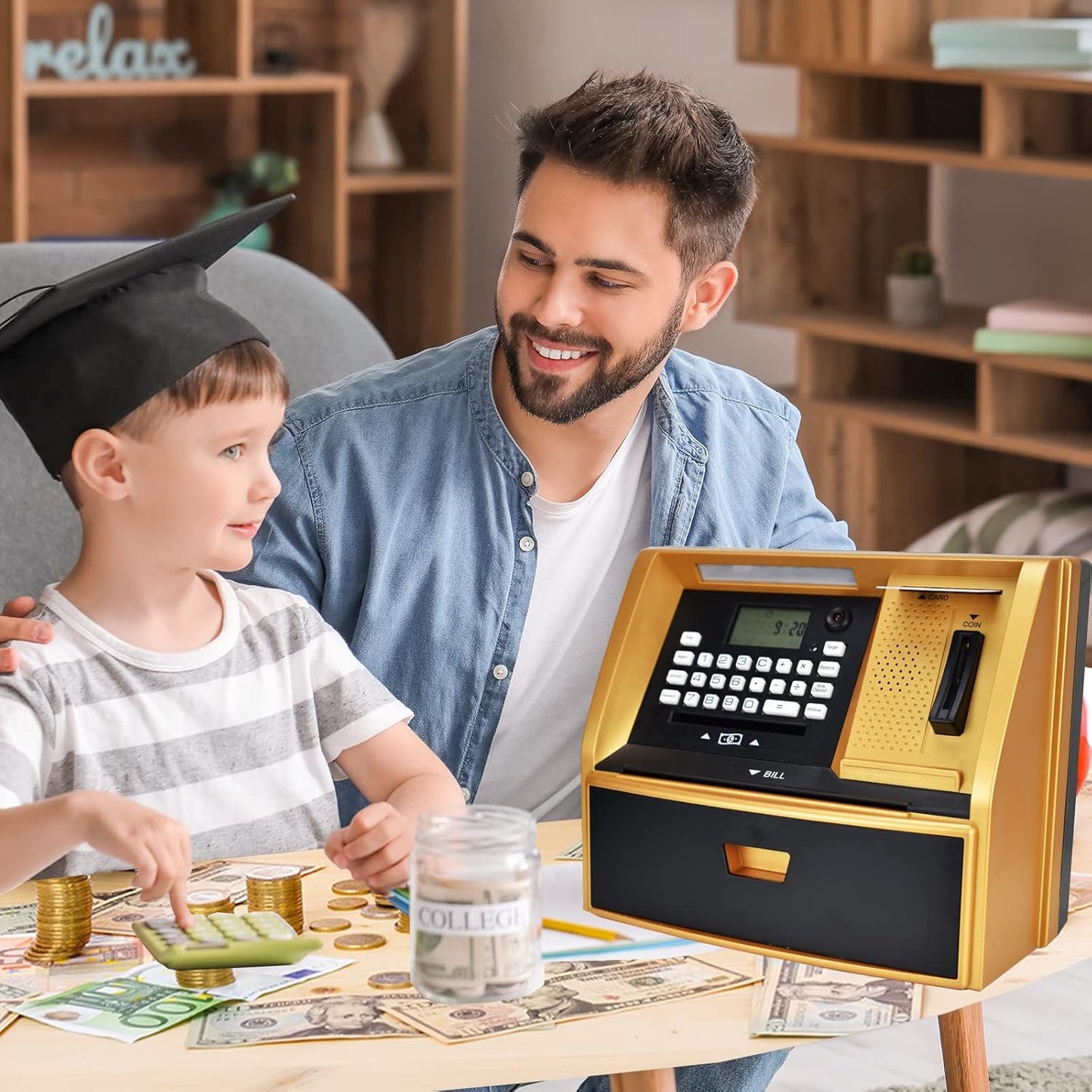 ATM Savings Bank with Debit Card, Electronic Piggy Bank for Real Money, Coin Recognition, Targets Setting, Password Login, Voice Prompt, Great Gift for Boys Girls (Golden/Black)