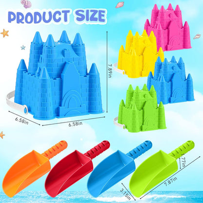 Realspring 4 Pcs Sand Castle Building Kit, 4 Sandbox Castle Molds Beach Buckets and 4 Sand Shovels Tools for Kids Summer Gift Beach Toys Toddlers Sandcastle Building Kit