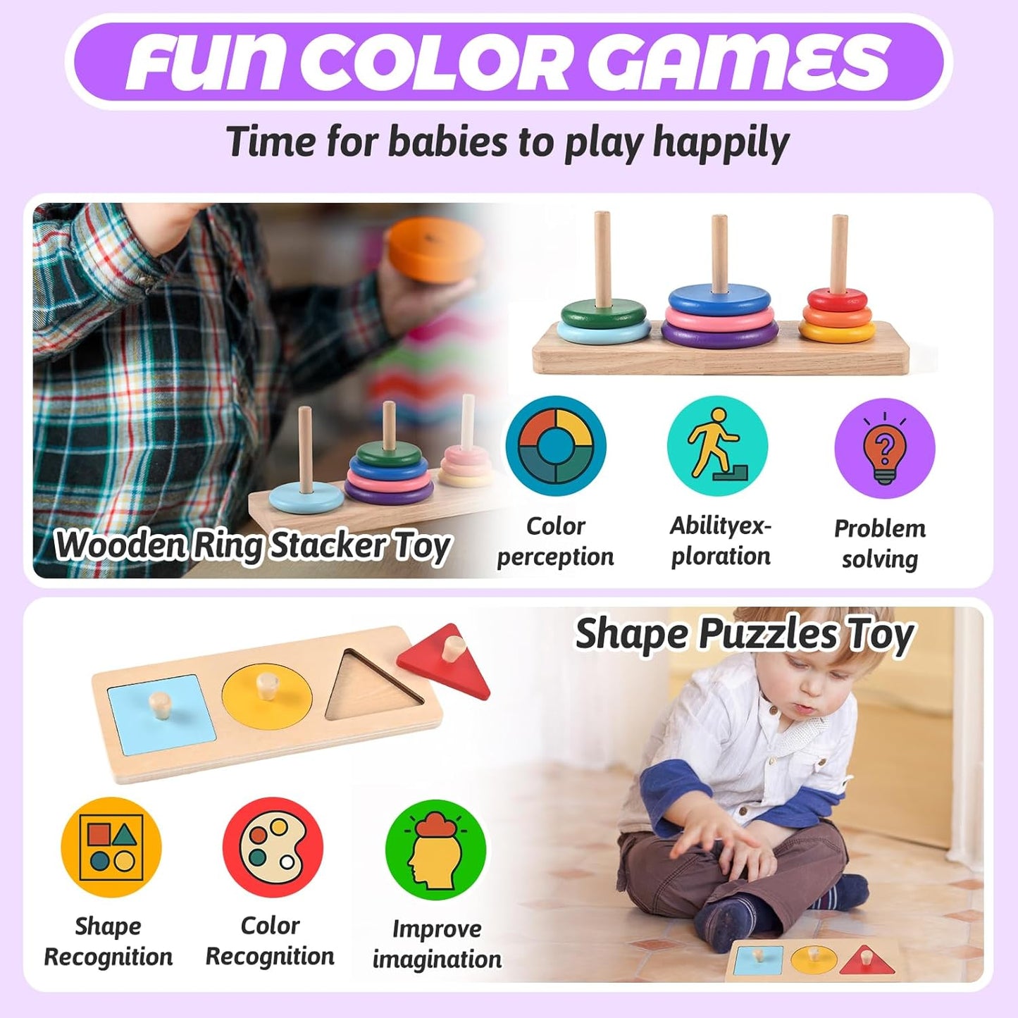 Wooden Montessori Toys for 1+ Year Old, 9-in-1 Learning Educational Set with 3-in-1 Activity Box, Pound Bench, Shape Puzzle, Cloth Books, Fishbone Matching & Ring Stacker