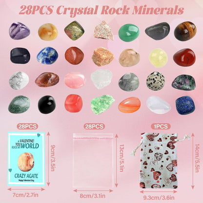Valentines Day Cards for Kids School - 28 Pack Valentines Day Cards Gemstone Crystals Rocks Minerals Bulk for Boys Girls Exchange Gifts Class Classroom Party Favors