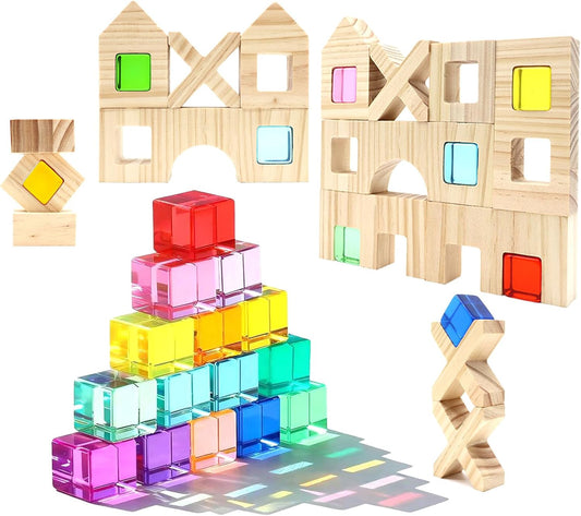 Wooden Building Blocks Set for Kids, 60 PCS Rainbow Acrylic Gem Cubes Stacking Blocks, Montessori Stacking Toy for Toddlers Educational Toy Early Learning Gifts for Boys Girls 3-6 (60)