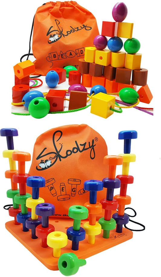 Skoolzy Toys for 3 Year Old Girls and Boys - Lacing Beads and Stacking Peg Board Montessori Toys for Toddlers