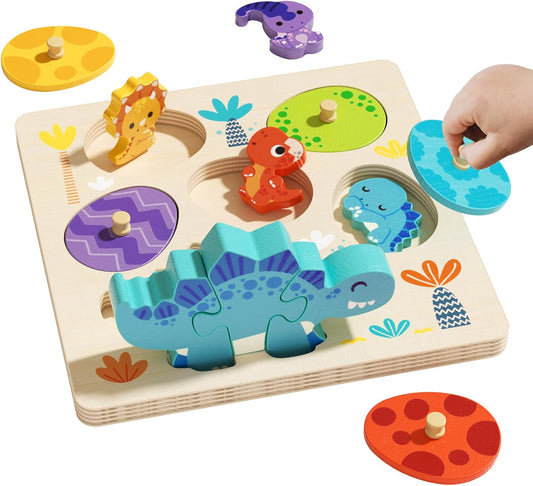 Wooden Toddler for Puzzle 2-4, Dinosaur Matching Eggs Peg Puzzles, Preschool Learning Educational Montessori Toys for 2 3 4 Year Old Boys Girls