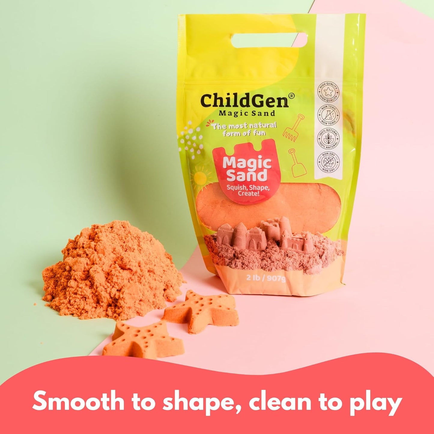 ChildGen Magic Sand, 2lbs Natural Sea Sand in Resealable Bag, Non-Toxic Play Sand for Kids, Soft, Moldable, Mess-Free Sensory Play (Green)