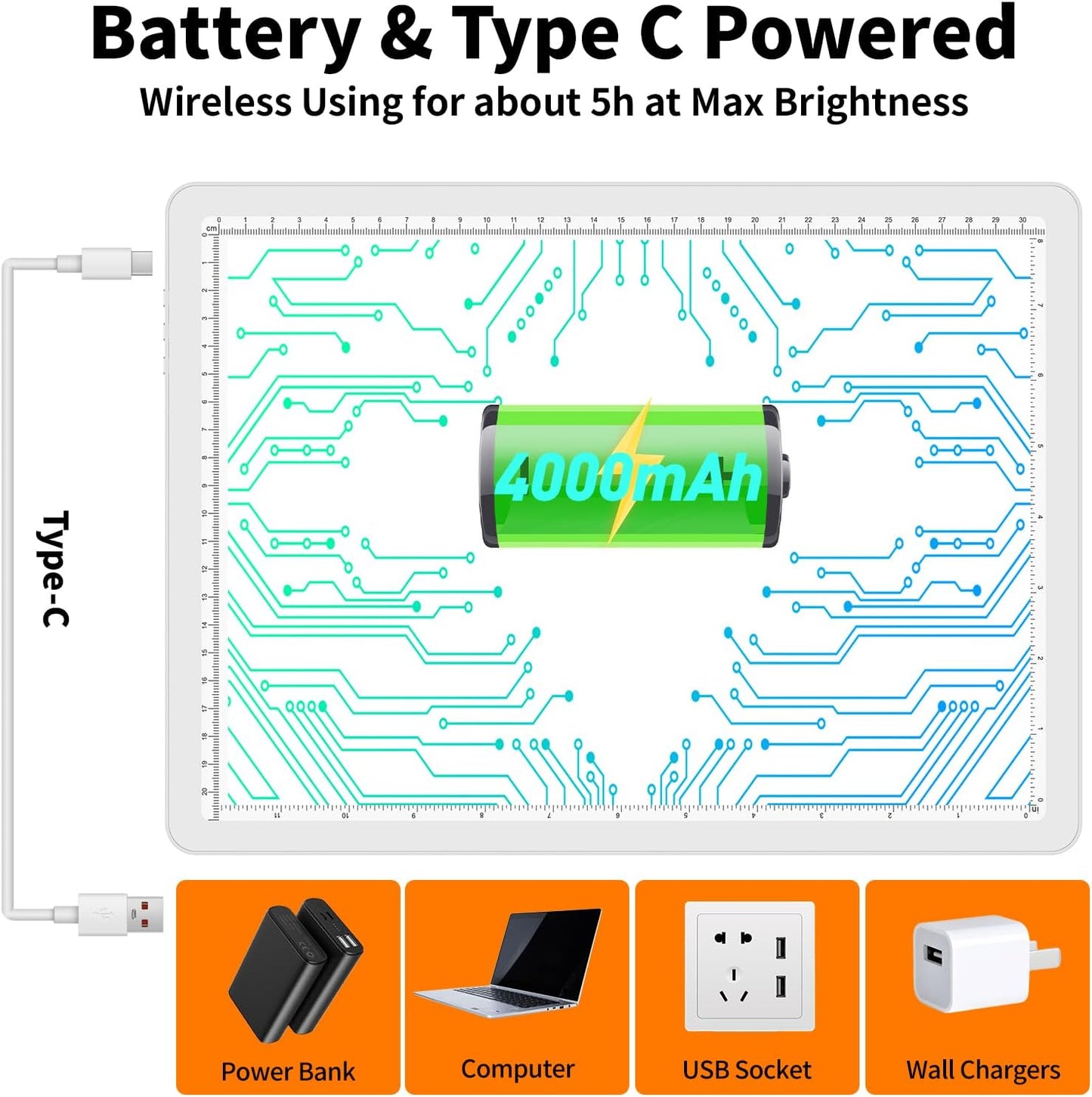 TOHETO Rechargeable A3 Light Pad for Diamond Painting, Ultra Bright Tracing Light Box for Drawing, Wireless Lightbox for Tracing and Drawing, Cordless Diamond Art Light Board for Sketching (Black)