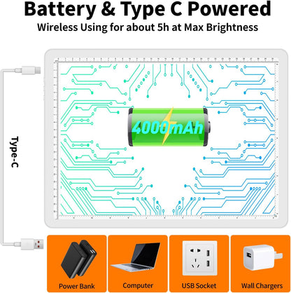 TOHETO Rechargeable A3 Light Pad for Diamond Painting, Ultra Bright Tracing Light Box for Drawing, Wireless Lightbox for Tracing and Drawing, Cordless Diamond Art Light Board for Sketching (Black)