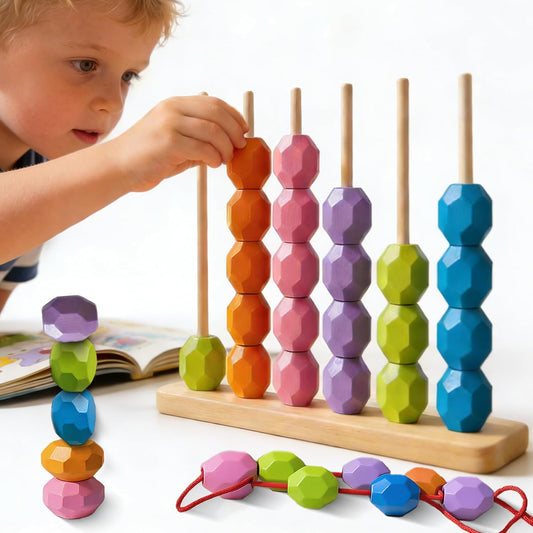 Wooden Bead Sequencing & Color Matching Toy, 4-in-1 Montessori Learning Toy for Toddlers 3+ Years - Stringing, Stacking, Sorting & Column Play, Educational Gift Set for Boys & Girls