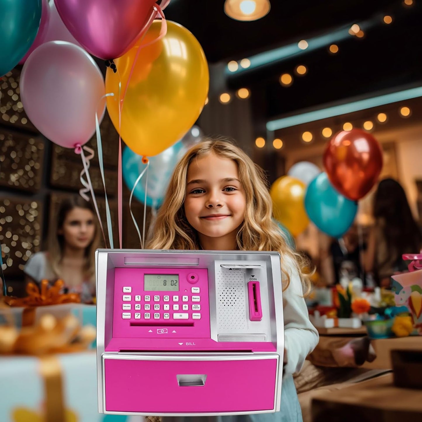 ATM Savings Bank with Debit Card, Electronic Piggy Bank for Real Money, Coin Recognition, Targets Setting, Password Login, Voice Prompt, Great Gift for Boys Girls (Golden/Black)