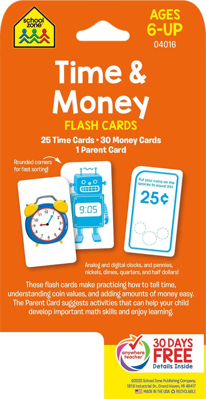 School Zone Time & Money Flash Cards: 56 Cards, 1st Grade, 2nd Grade, Telling Time, Reading Clocks, Counting Coins, Coin Value, Coin Combinations, Ages 6+