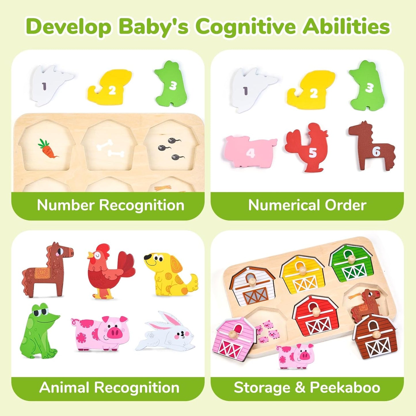 JoyCat Wooden Puzzles for Toddlers 1-3, Montessori Toys for 1 2 Year Old Boy Girl Birthday, Animal Match Farm Peg Puzzles, Preschool Learning Toys for Toddlers Age 1-2