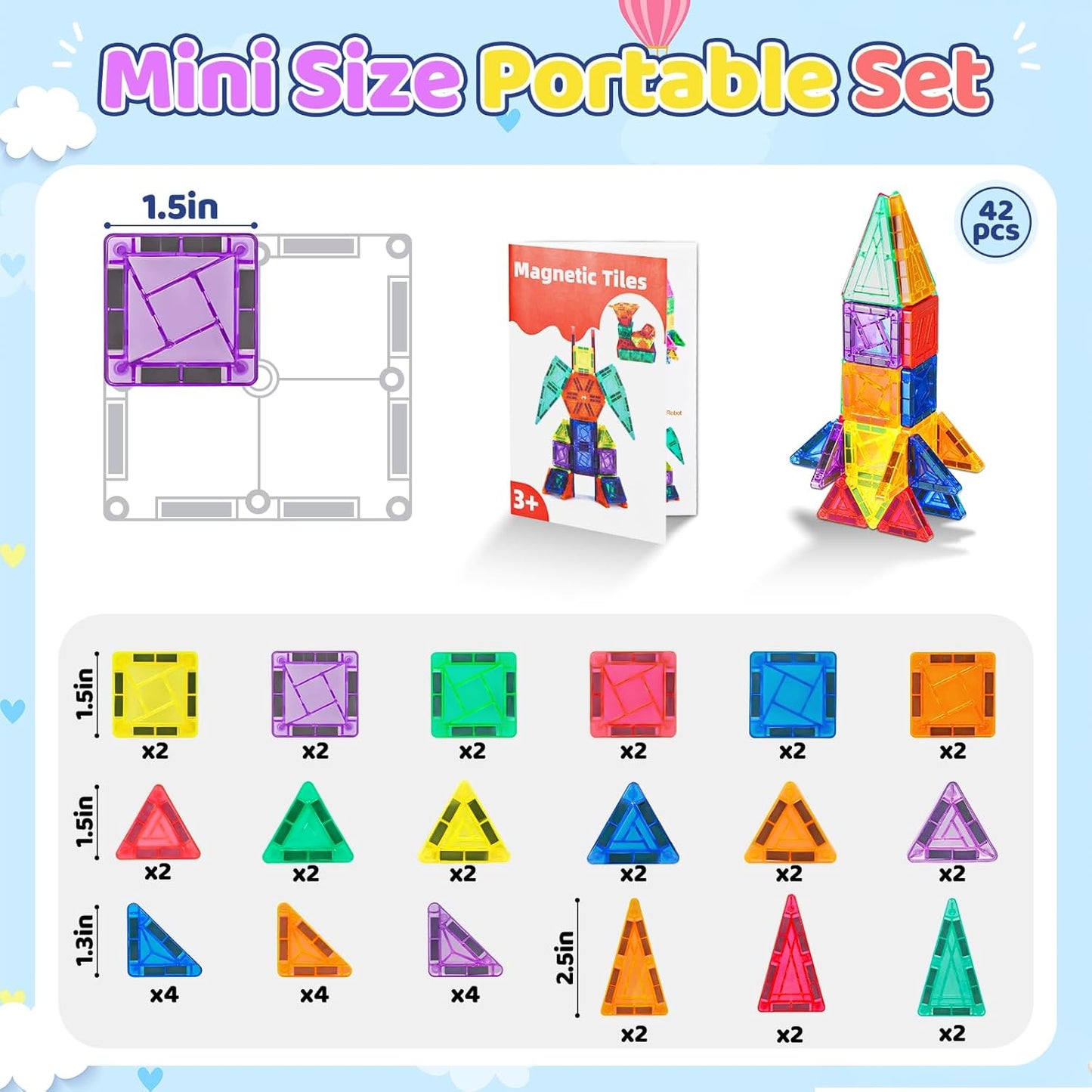 Mini Magnetic Tiles Toddler Travel Essentials Set,1.5Inch 42PCS Magnetic Building Tiles Portable Construction Toys for Airplane Car Kid Aged 3+ Birthday Gift