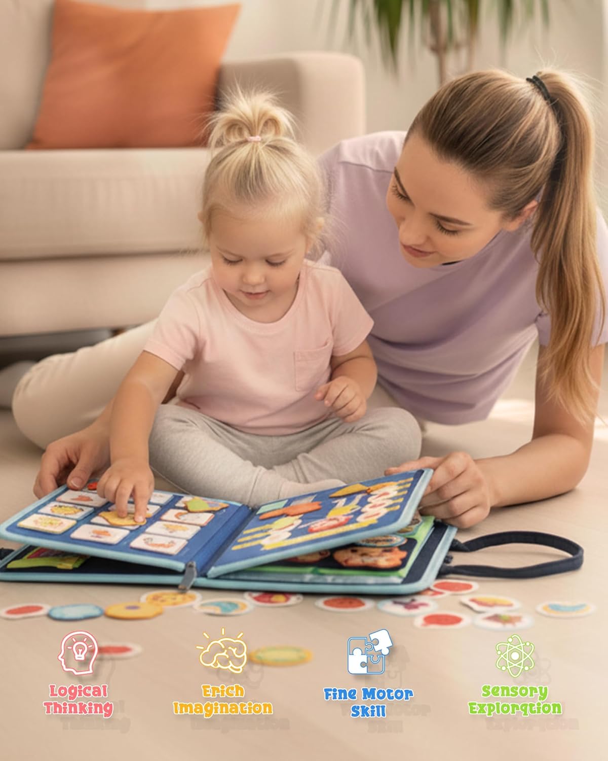 Montessori Busy Book for Toddlers, 8-Page Sensory Activity Book for Fine Motor Skills & Basic Dress Learning, Portable Travel Toy for Preschool Kids, Birthday Gift for Boys and Girls (Blue)