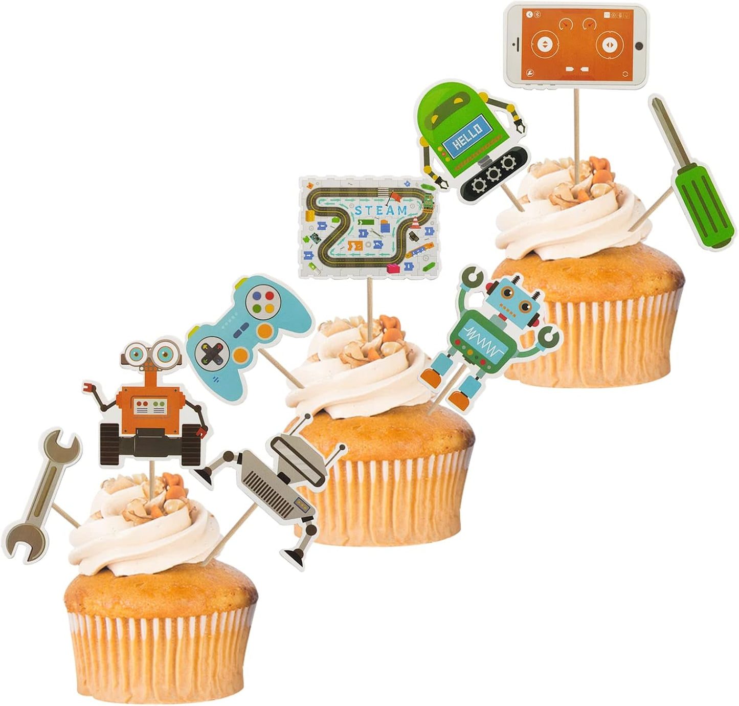 27Pcs Coding Robot Themed Cupcake Toppers Engineering Science Experiment Cake Picks for STEM Educational Electronics Programming Project Birthday Party Decoration Supplies